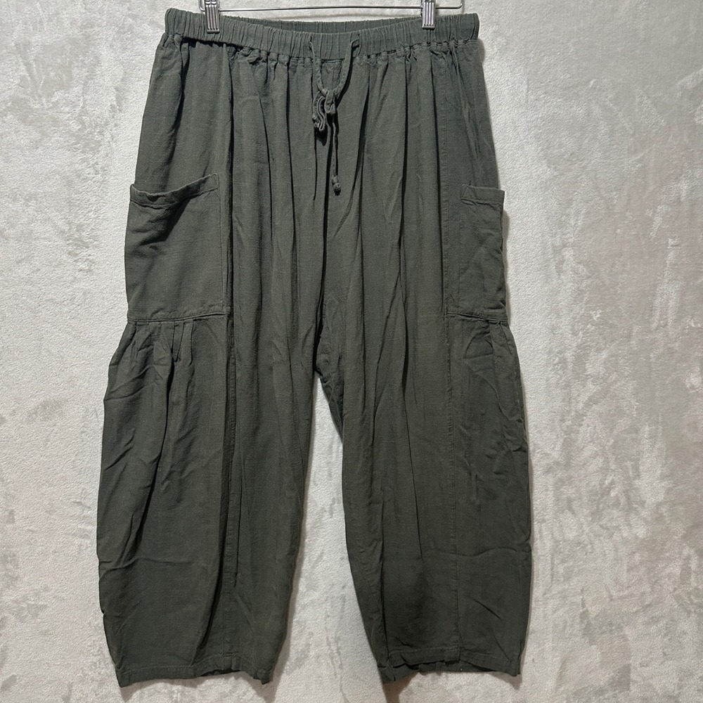 TARSE Womens Olive Green Linen Blend Cargo Crop Harem Pants Size L Drawstring